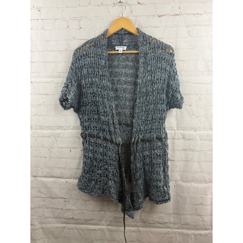 St Johns Bay Knit Cardigan Top Womens Size Blue Medium Short Sleeve Boho